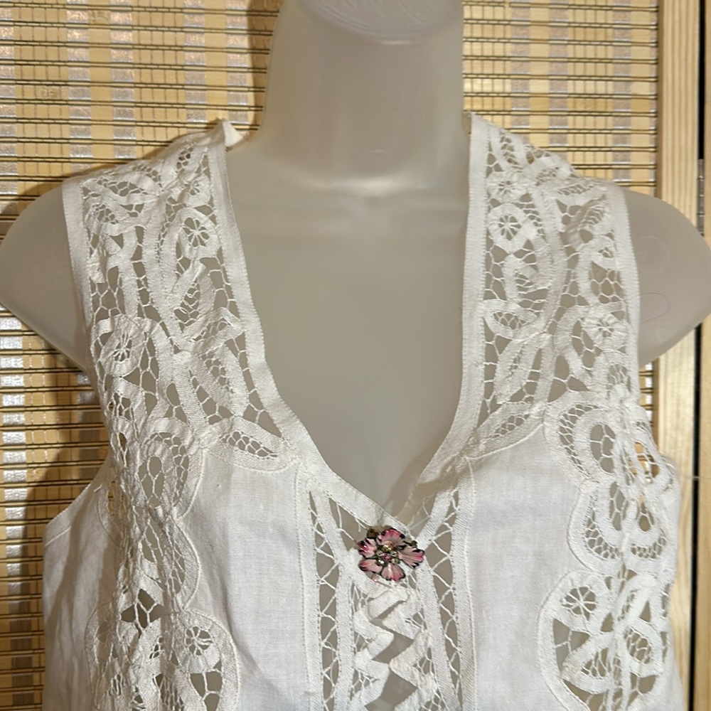 Wimpole Street Vintage 1990s Y2K Crisp White Linen Cotton Lace Vest Large? - Picture 6 of 15